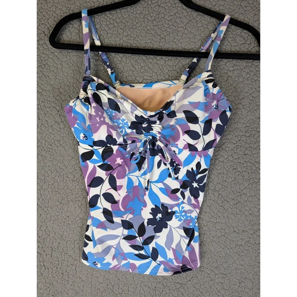 Lands End Tankini Women 6 Blue Purple Floral Drawstring Bow Bra Swim Top Resort